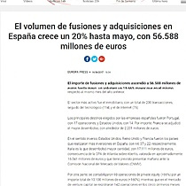 El volumen de fusiones y adquisiciones en Espaa crece un 20% hasta mayo, con 56.588 millones de euros